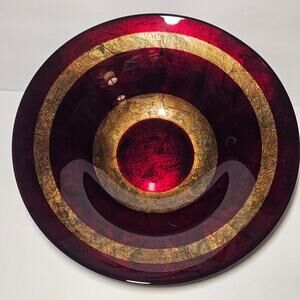 Vintage Turkish Art Gilded Glass 16" Centerpiece Bowl – Red & Gold Leaf
